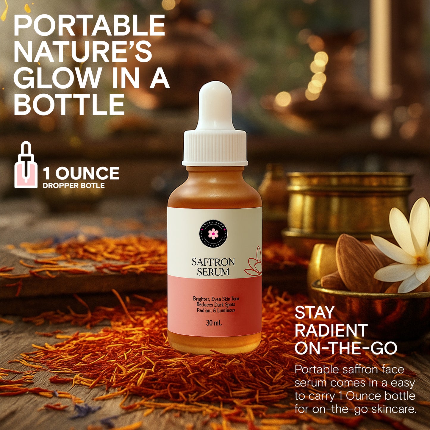 Tress Mend Saffron Facial Serum, 30mL, Brightening and Dark Spot Reduction, All Skin Types