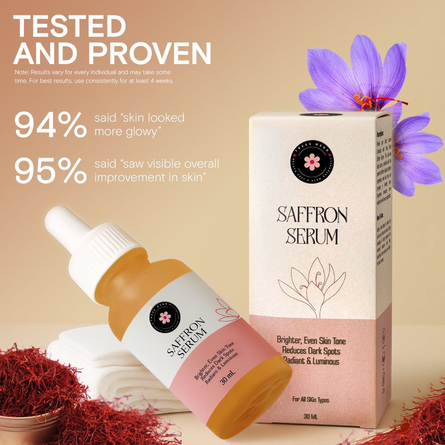 Tress Mend Saffron Facial Serum, 30mL, Brightening and Dark Spot Reduction, All Skin Types